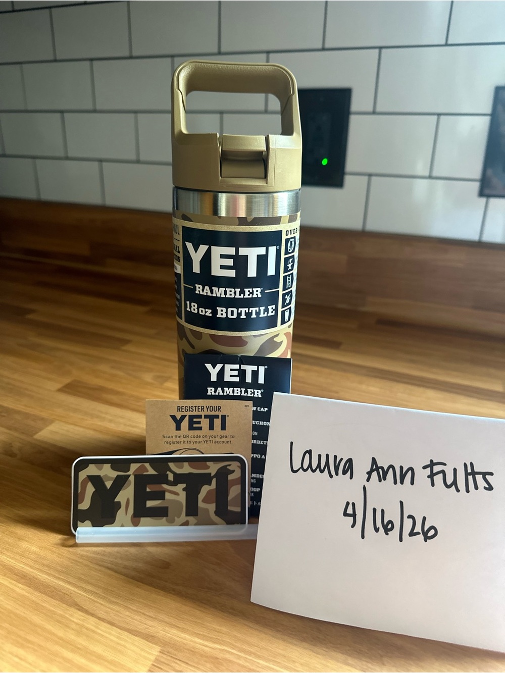 Yeti Rambler 18oz Bottle in Camo with Tan Lid and Handle
